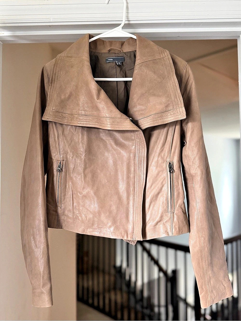 Vince Tan Leather Moto Jacket Oversized Collar Asymmetric Zip. Best for size S/M